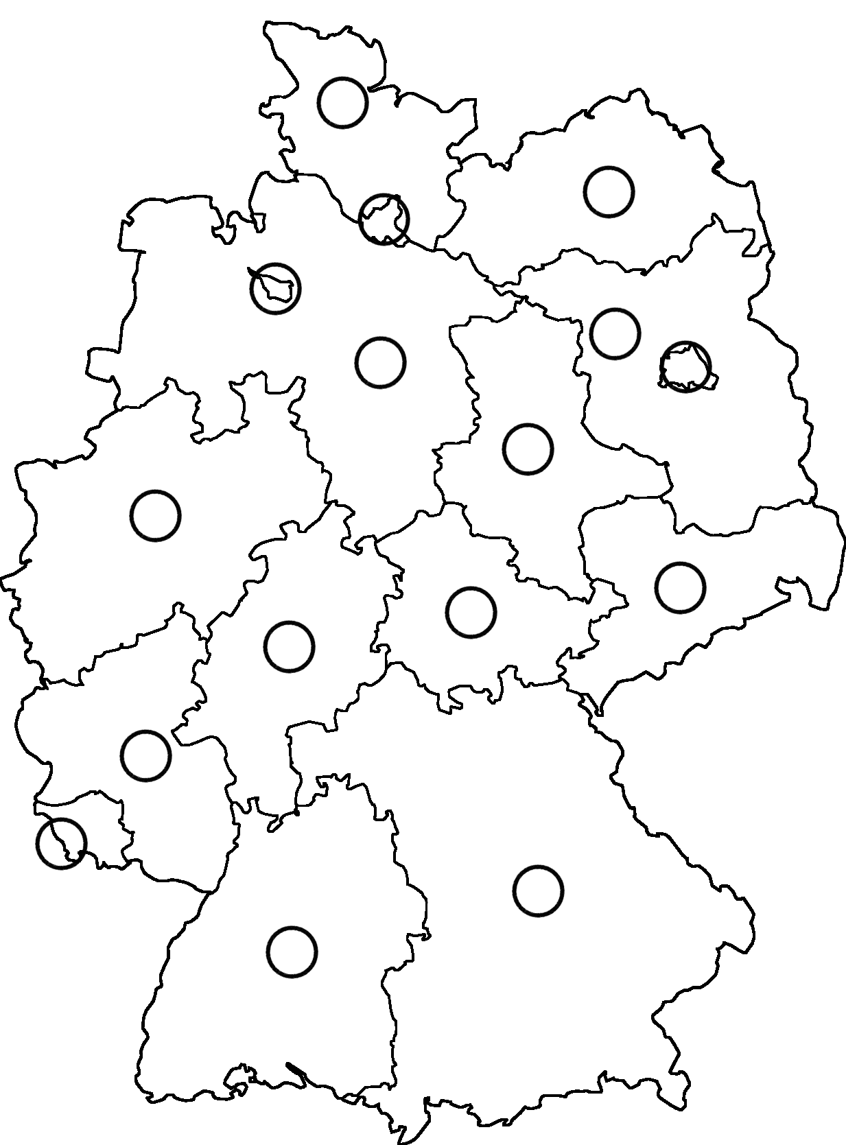 Eine Karte der deutschen Bundesländer, aufder alle Hauptstädte markiert sind