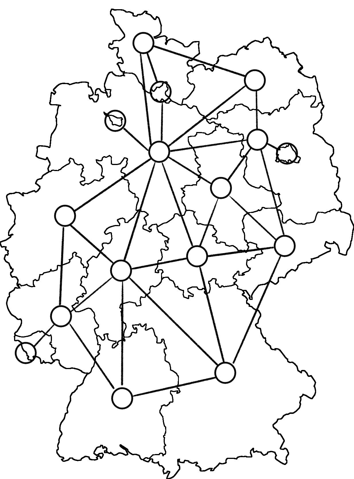 Eine Karte der deutschen Bundesländer, auf der alle Hauptstädte benachtbarter LÖänder miteinander durch eine Kante verbunden sind