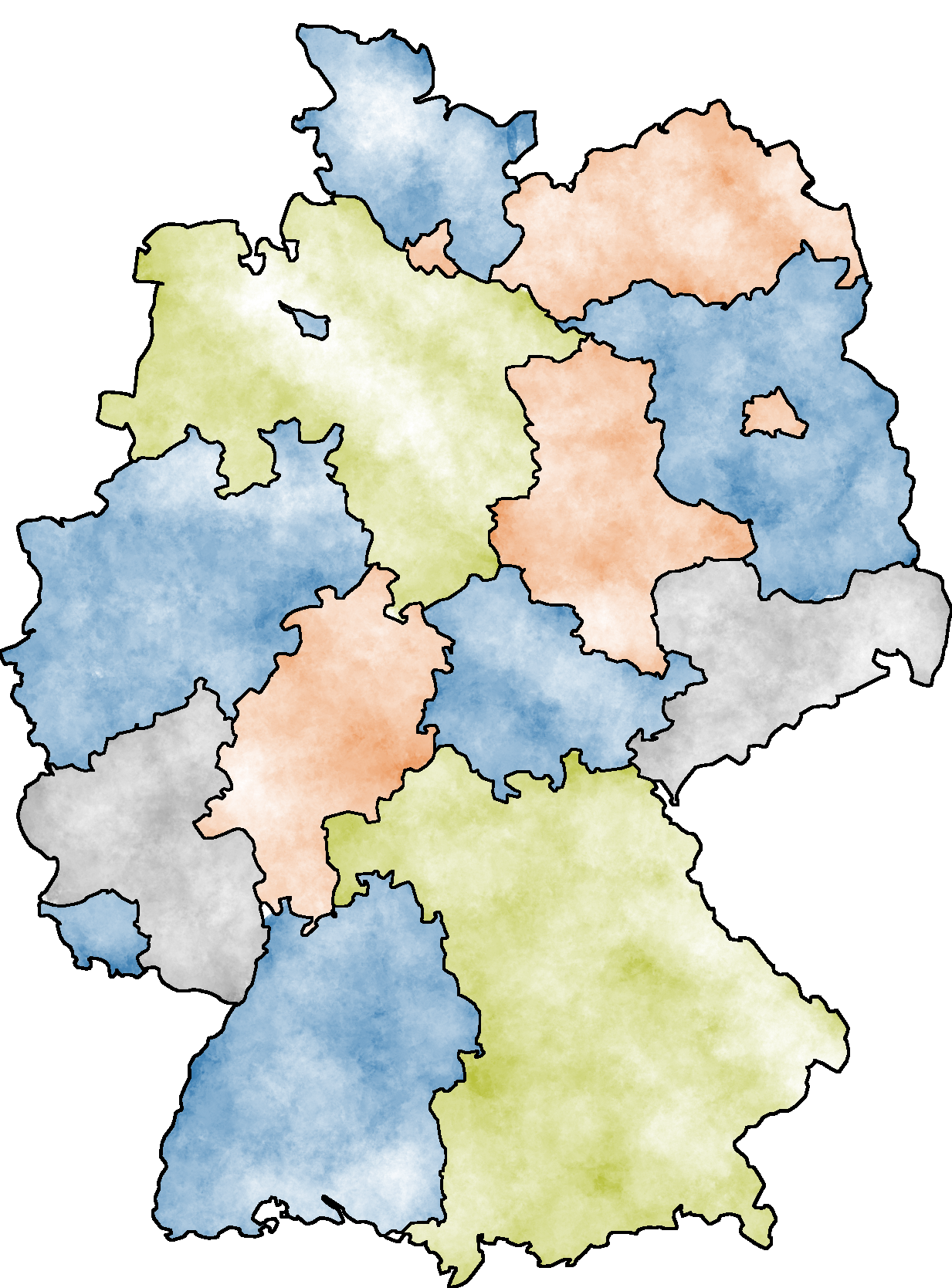 Eine Karte der deutschen Bundesländer, die mit vier Farben eingefärbt sind